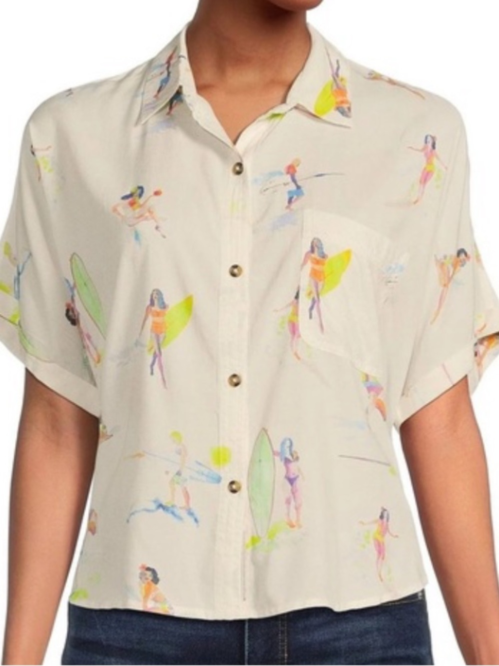 Lucky Brand Cream Button-Up Shirt with Pink Yellow and Blue Surf Print